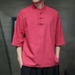 Buddha Stones Men's Chinese Frog-Button Tang Suit Half Sleeve Cotton Linen Shirt Men's Shirts BS 16