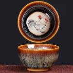 Buddha Stones 12 Chinese Zodiac Pattern Ceramic Teacup Kung Fu Jian Chinese Zhan Tea Cup 73ml Jian Zhan Tea Cup BS Rooster 6.8cm*3.6cm*73ml