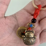 Buddha Stones Feng Shui Five Emperor Coins Lucky Cat Money Wealth Keychain Key Chain BS 2