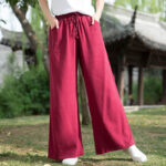 Buddha Stones Plain Wide Leg Pants Dance Women's Yoga Pants With Pockets Wide Leg Pants BS Red L(Waist 69cm/Hips 120cm/Length 101cm)