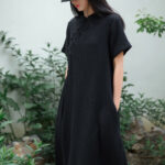 Buddha Stones Frog-Button Midi Dress Cotton Linen Short Sleeve Dress With Pockets Midi Dress BS 5