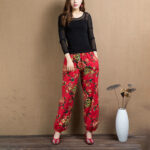 Buddha Stones Ethnic Style Red Green Flowers Print Harem Pants With Pockets Women's Harem Pants BS 20