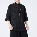 Buddha Stones Peach Blossom Bamboo Leaves Frog-button Chinese Half Sleeve Shirt Men T-shirt T-shirt BS 1