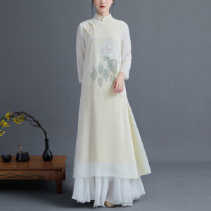 Buddha Stones 2Pcs Peony Flower Cheongsam Midi Dress Skirt Chiffon Zen Clothing Women's Set Women's Meditation Cloth BS Dress&Skirt 2XL(Fit for US6; UK/AU10; EU38)