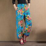 Buddha Stones Ethnic Style Red Green Flowers Print Harem Pants With Pockets Women's Harem Pants BS Blue Red Flowers(Waist 63-100cm/Hips 122cm/Length 92cm)