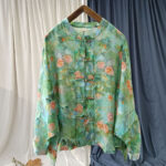 Buddha Stones Pink Flowers Green Leaves Print Frog-button Design Long Sleeve Ramie Linen Jacket Shirt Women's Shirts BS 47
