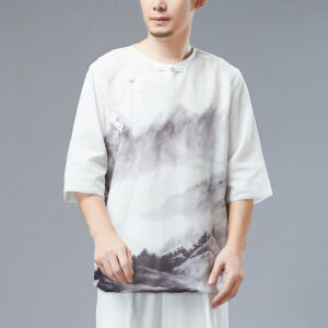 Buddha Stones Men's Frog-Button Mountain Landscape Ink Painting Half Sleeve Shirt Men's Shirts BS XL(Fit for US/UK/AU38; EU48)