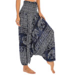 Buddha Stones Two Style Wear Elephant Pattern Loose Smocked Harem Trousers Jumpsuit Women's Yoga Pants Harem Pants&Bodysuit BS Blue Elephant(Waist 60-100cm)