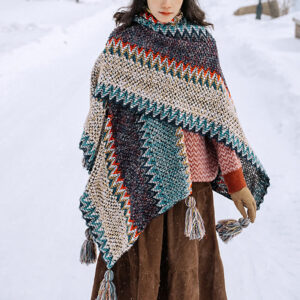 Buddha Stones Tibetan Shawl Blue Beige Red Wavy Pattern Winter Warm Tassel Scarf Tibetan Shawl BS Blue Beige Red