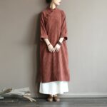 Buddha Stones Flower Jacquard Midi Dress Long Sleeve Cotton Linen Dress Wide Leg Pants With Pockets 34