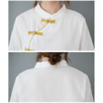 Buddha Stones Floral Pattern Frog-Button Half Sleeve Cotton Linen Shirt Women's Shirts BS 4