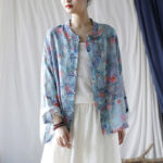 Buddha Stones Pink Flowers Green Leaves Print Frog-button Design Long Sleeve Ramie Linen Jacket Shirt Women's Shirts BS 25