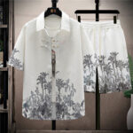 Buddha Stones Landscape Coconut Trees Magpie Pattern Short Sleeve Shorts Men's Set Men's Meditation Cloth BS Coconut Trees(Shirt&Shorts) 4XL(Bust 128cm/Waist 120cm/Hips 127cm)