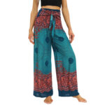 Buddha Stones Bohemian Compass Flower Print Lace-up Wide Leg Pants Women's Yoga Pants Women's Wide Leg Pants BS MediumAquamarine F(Fit for US2-12; UK/AU6-16; EU34-44)