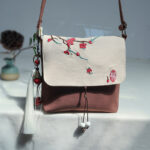 Buddha Stones Handmade Embroidered Plum Flowers Canvas Crossbody Bag Shoulder Bag Handbag Crossbody Bag BS Brown Red Plum 17*19cm