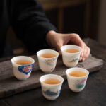 Buddha Stones Lotus Flower Leaf Mountain Pavilion Elk Peony Ceramic Teacup Kung Fu Tea Cup Cup BS 1