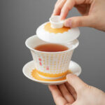 Buddha Stones Buddhist Heart Sutra Small Fu Character Ceramic Gaiwan Teacup Kung Fu Tea Cup And Saucer With Lid Cup BS 12
