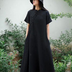Buddha Stones Frog-Button Midi Dress Cotton Linen Short Sleeve Dress With Pockets Midi Dress BS Black(Bust 96cm/Length 119cm)(Dress Only)
