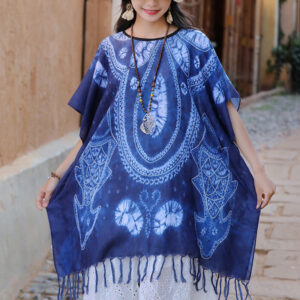 Buddha Stones Blue Geometry Batik Shawl Tassels Cozy Travel Pullover 90*95cm 1