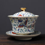 Buddha Stones Retro Plum Blossom Pine Bamboo Phoenix Kirin Ceramic Gaiwan Sancai Teacup Kung Fu Tea Cup and Saucer with Lid Cup BS Phoenix(10cm*9.7cm*190ml)