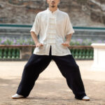 Buddha Stones Solid Color Frog-Button Meditation Prayer Spiritual Zen Tai Chi Qigong Practice Unisex Clothing Set Women's Meditation Cloth BS Men-White Top&Black Pants XXL