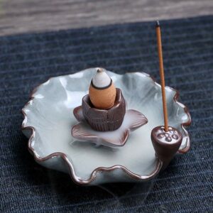 Buddha Stones Lotus Plum Blossom Square Ceramic Spiritual Backflow Incense Burner Incense Burner BS Lotus