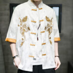 Buddha Stones Frog-Button Chinese Dragon Embroidery Half Sleeve Shirt Linen Men Clothing Men's Shirts BS 14