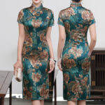 Buddha Stones Retro Flower Lotus Peony Feather Print Qipao Dress Women's Cheongsam Dress Cheongsam Dresses BS Green Lotus Suitable for Weight 77.5kg