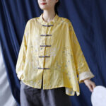 Buddha Stones Yellow Phoenix Print Frog-button Design Long Sleeve Ramie Linen Jacket Shirt Women's Shirts BS 18