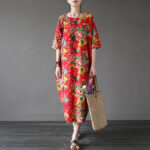 Buddha Stones Red Peony Flowers Printed Midi Dress Half Sleeve Cotton Linen Dress 7
