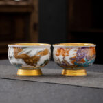Buddha Stones Golden Eagle Auspicious Dragon Sun Ocean Waves Gilt Ceramic Teacup Kung Fu Tea Cup Cup BS 2Pcs Golden Eagle&Auspicious Dragon Gift Box