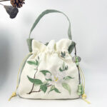 Buddha Stones Embroidered Butterfly Lotus Magnolia Cotton Linen Tote Crossbody Bag Shoulder Bag Handbag Crossbody Bag BS Green Gardenia 20*20*7cm