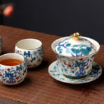 Buddha Stones Retro Plum Blossom Pine Bamboo Phoenix Kirin Ceramic Gaiwan Sancai Teacup Kung Fu Tea Cup and Saucer with Lid Cup BS 4