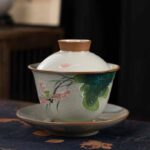 Buddha Stones Lotus Koi Fish Pod Leaf Ceramic Gaiwan Sancai Teacup Kung Fu Tea Cup And Saucer With Lid 140ml Cup BS 10