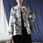Buddha Stones Black Gray Print Frog-button Design Long Sleeve Cotton Linen Jacket Shirt With Pockets Women's Shirts BS 27