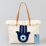 Buddha Stones Large Capacity Evil Eye Leaf Hamsa Tassel Canvas Tote Shoulder Bag Shoulder Bag BS 17