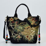 Buddha Stones Peacock Double-sided Embroidery Tote Bag Shoulder Bag Crossbody Bag Bag BS Black Peacock Shoulder Bag/Tote Bag