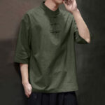 Buddha Stones Men's Chinese Frog-Button Tang Suit Half Sleeve Cotton Linen Shirt Men's Shirts BS 4