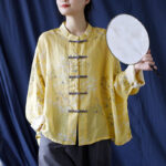 Buddha Stones Yellow Phoenix Print Frog-button Design Long Sleeve Ramie Linen Jacket Shirt Women's Shirts BS 13