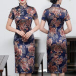 Buddha Stones Retro Flower Lotus Peony Feather Print Qipao Dress Women's Cheongsam Dress Cheongsam Dresses BS Purple Lotus Suitable for Weight 77.5kg