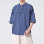 Buddha Stones Frog-Button Plaid Pattern Chinese Tang Suit Half Sleeve Shirt Cotton Linen Men Clothing Men's Shirts BS 5