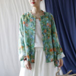 Buddha Stones Pink Flowers Green Leaves Print Frog-button Design Long Sleeve Ramie Linen Jacket Shirt Women's Shirts BS 38