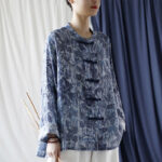Buddha Stones Retro Blue White Flowers Frog-Button Design Long Sleeve Ramie Linen Jacket Shirt 7