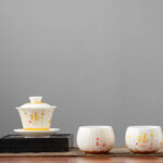 Buddha Stones Buddhist Heart Sutra Small Fu Character Ceramic Gaiwan Teacup Kung Fu Tea Cup And Saucer With Lid Cup BS 14