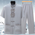 Buddha Stones Fu Character Chinese Knotting Embroidery Tang Suit Traditional Short Sleeve Top Pants Clothing Men's Set Men's Meditation Cloth BS Light Gray(Top&Pants) 3XL(Bust 124cm/Waist 122cm/Hips 124cm)