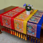 Buddha Stones Prayer Altar Mat Man-Bcu Kalachakra Endless Knot Vajra Tibetan Auspicious Symbols Tassels Table Runner Prayer Altar BS 3