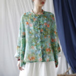 Buddha Stones Pink Flowers Green Leaves Print Frog-button Design Long Sleeve Ramie Linen Jacket Shirt Women's Shirts BS 30