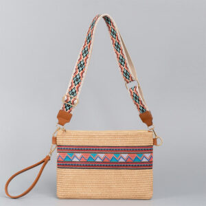 Buddha Stones Boho Colorful Geometry Straw Woven Crossbody Bag Shoulder Bag Handbag Crossbody Bag BS Khaki Colorful Geometry 28*2*20cm