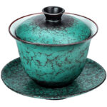 Buddha Stones Retro Green Glaze Ceramic Gaiwan Sancai Teacup Kung Fu Tea Cup And Saucer With Lid Cup BS 6