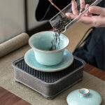 Buddha Stones Retro Green Ice Glaze Ceramic Gaiwan Sancai Teacup Kung Fu Tea Cup And Saucer With Lid Cup BS 12